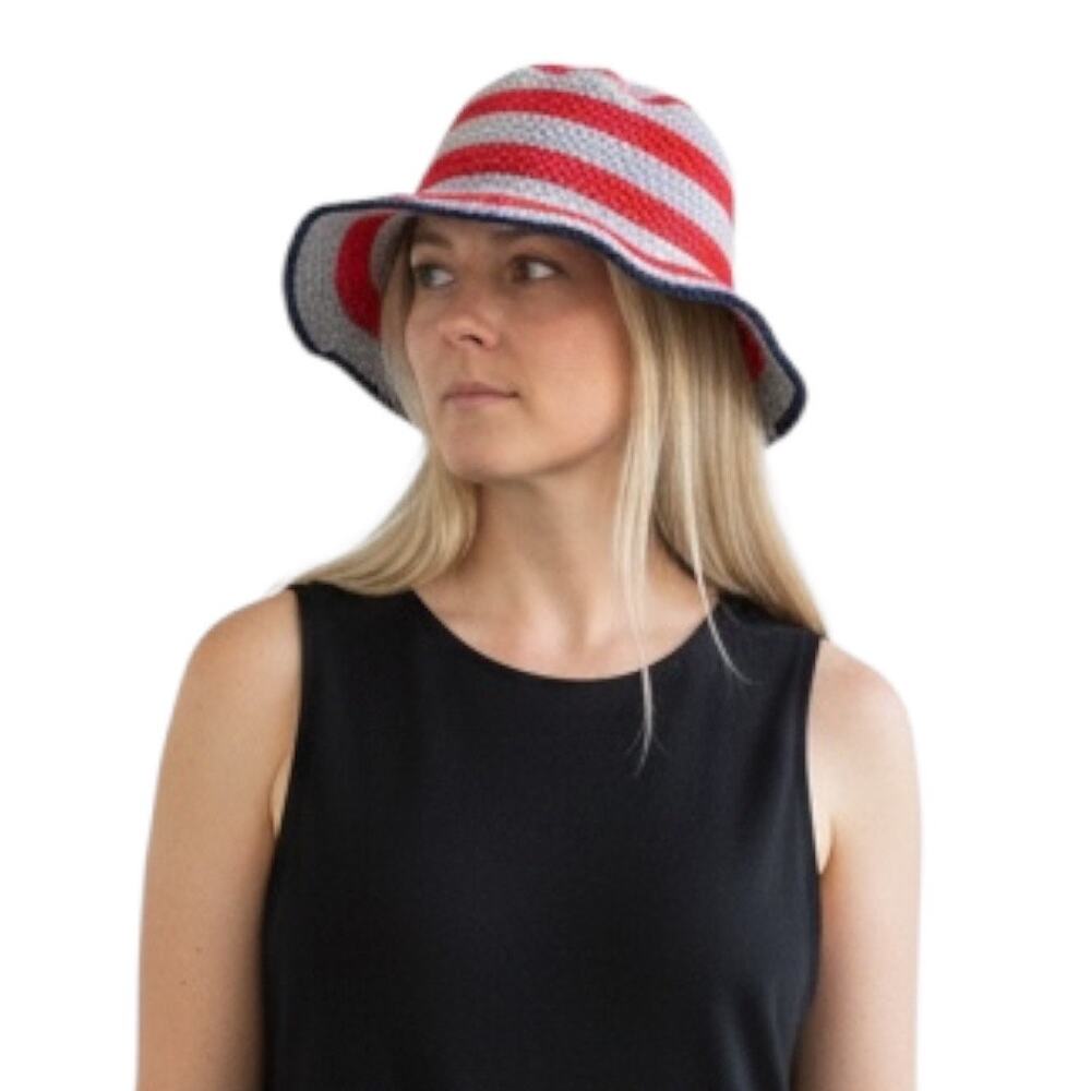 Kule Women's Red & Light Blue Striped Knit Crochet Sun Beach Bucket Hat One Size